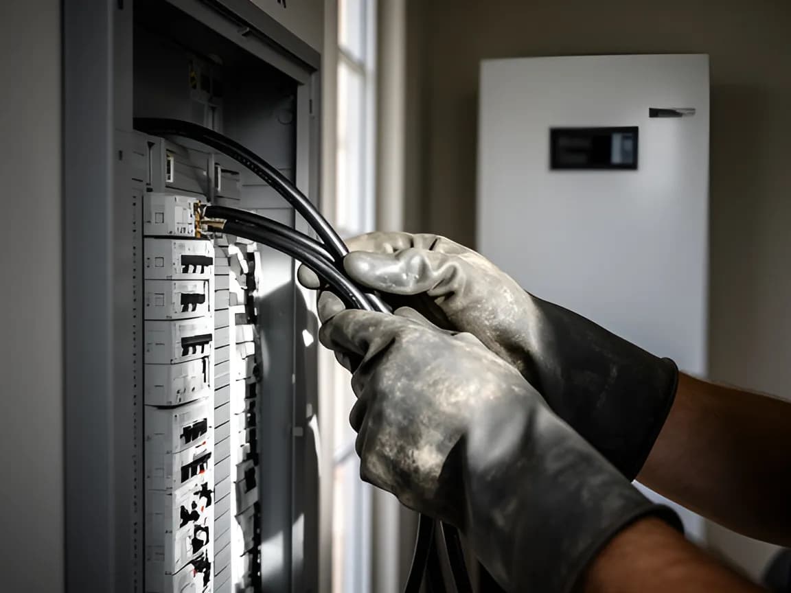Handen van een elektricien die een kabel aansluit in een open groepenkast, met een witte thuisbatterij op de achtergrond